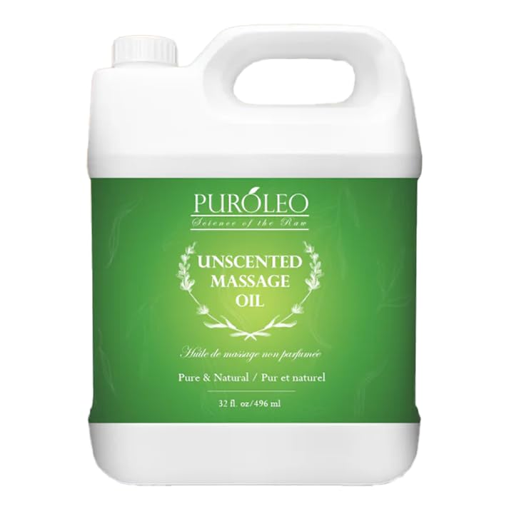 PUROLEO All-Natural Massage Oil – Unscented, 32 Fl Oz/946 mL – With Coconut, Almond & Jojoba Oils – For Hair, Body & Face – Nourishing, Relaxing & Ideal for Massage Therapy – Made in Canada