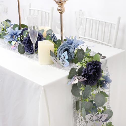 HOMENERGY Eucalyptus Garland with Flowers - 6 Pack 5.9 FT Fake Flower Garland with Butterflies Faux Rose Greenery Garlands for Wedding Table Backdrop Arch Centerpieces Decorations - Navy Blue