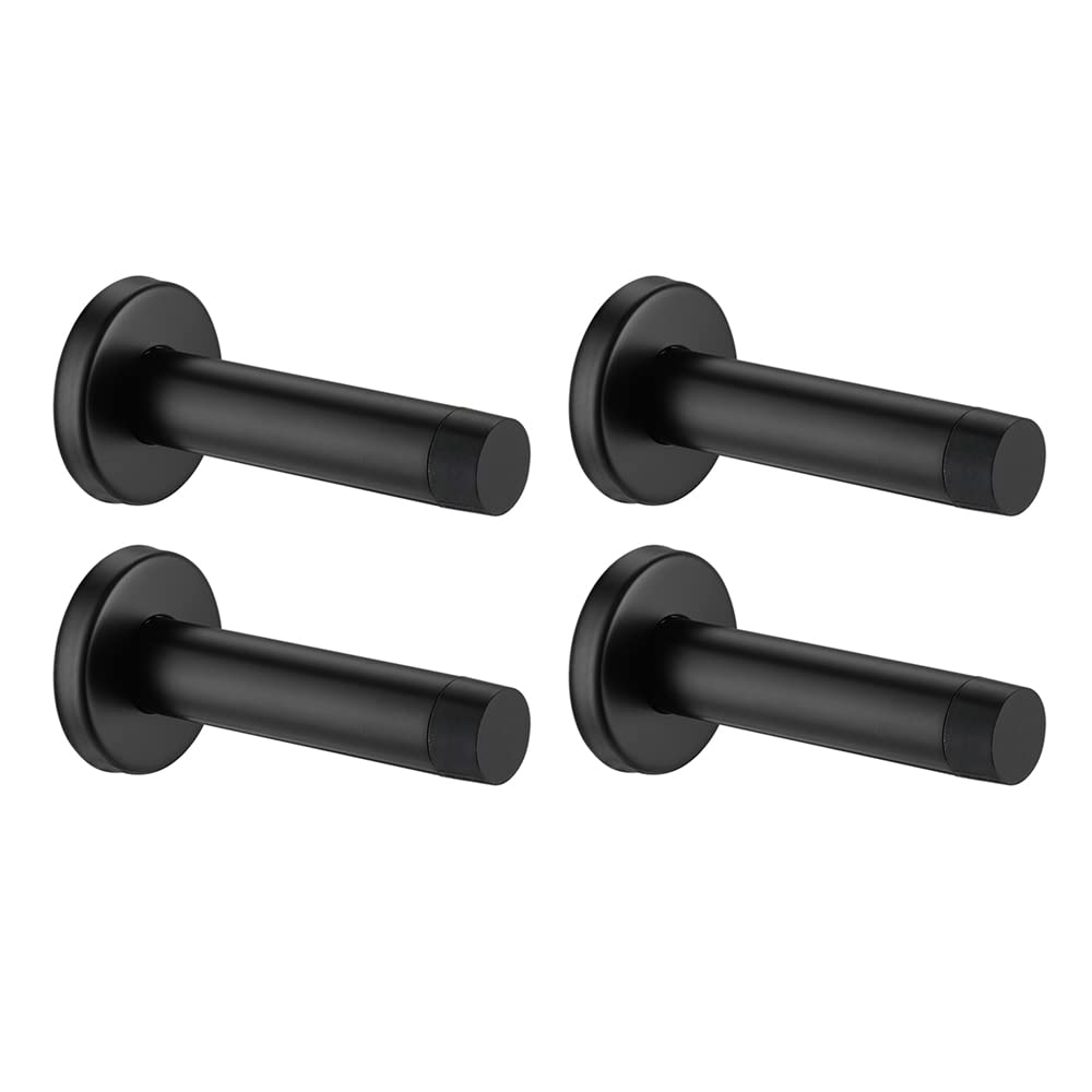 JQK Door Stopper Black, 304 Stainless Steel Thicken 1mm Sound Dampening Door Stop Bumper Wall Protetor 4 Pack, Matte Black, DSB5-PB-P4
