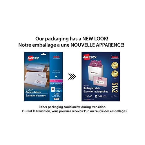 Avery Address Mailing Labels with Easy Peel for Laser/Inkjet Printers, 1-1/3" x 4", White, Rectangle, 1400 Labels, Permanent (5162) Made in Canada