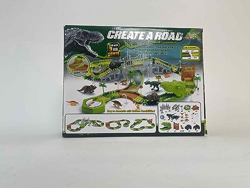 174 PCS Dinosaur Toys Race Track, Flexible Train Tracks with 8 Dinosaurs Figures, 2 Electric Race Cars Vehicle Playset with Lights to Create A Dinosaur World Road Race for Toddlers Kids Boys Girls