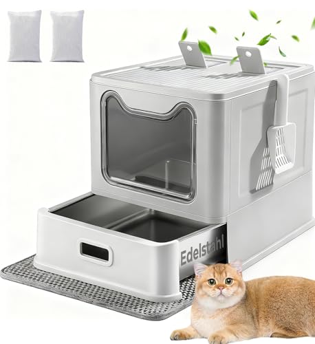LEEJARD Stainless Steel Cat Litter Tray with Lid and Drawer, Closed Cat Litter Tray XXL with Cat Litter Tray Mat & Shovel for Large Cats. Odourless, Easy to Clean