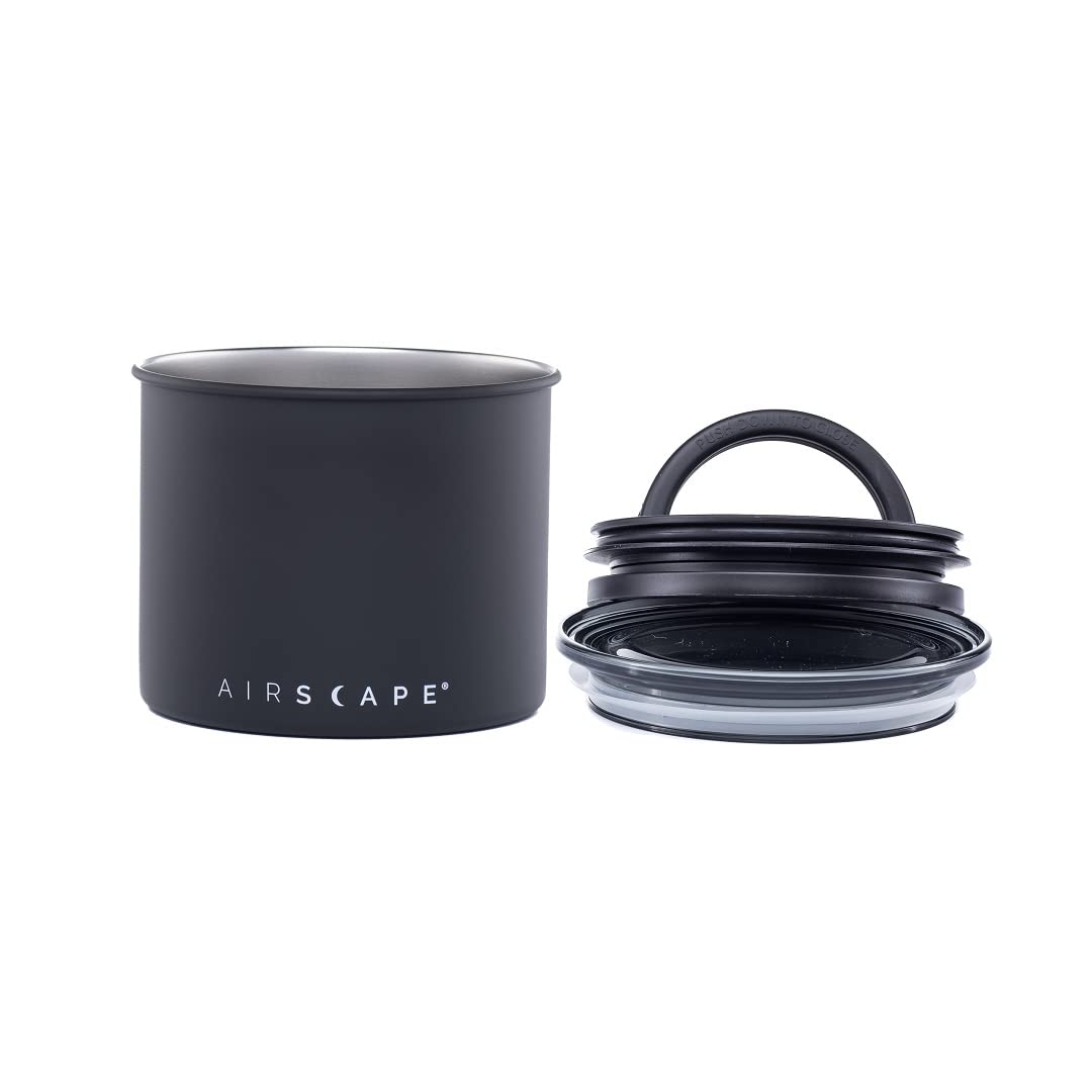 Airscape Stainless Steel Coffee Canister | Food Storage Container | Patented Airtight Lid | Push Out Excess Air Preserve Food Freshness (Matte Black, Small)