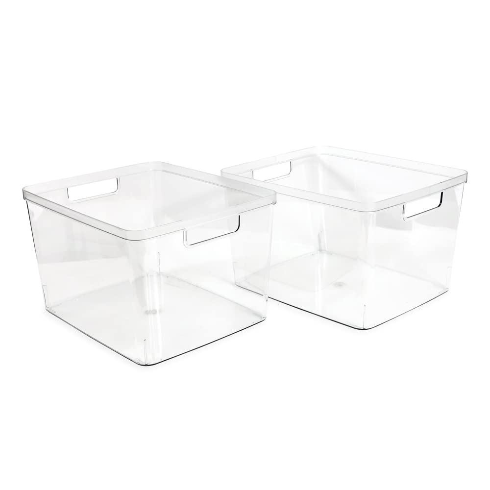 Isaac Jacobs 2-Pack Extra-Large Clear Storage Bins (11.5” L x 14” W x 9” H) w/Cutout Handles, Plastic Organizer for Home, for Kitchen, Fridge, Pantry, BPA Free, Food Safe (2-Pack, Extra-Large)