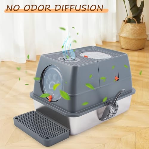 Ownpets Stainless Steel Cat Litter Box –180°Flip Lid for Easy Cleaning, One-Click Personalized Design, Advanced Odor Control, XL Capacity, 16'' High