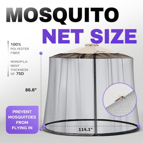 9-11 FT Umbrella Net for Outdoor Umbrella, Universal Patio Umbrella Mosquito Netting for Double-Sided Umbrella, Hanging Polyester Mesh Umbrella Screen for Patio Tables with Zipper, Black