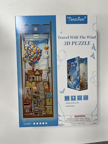 Tonecheer DIY Book Nook Kit for Adults,3D Wooden Puzzle Bookend Bookshelf Insert Library Decor, Booknook Miniature House Kit with Body Motion Sensor LED Light (Travel with The Wind)