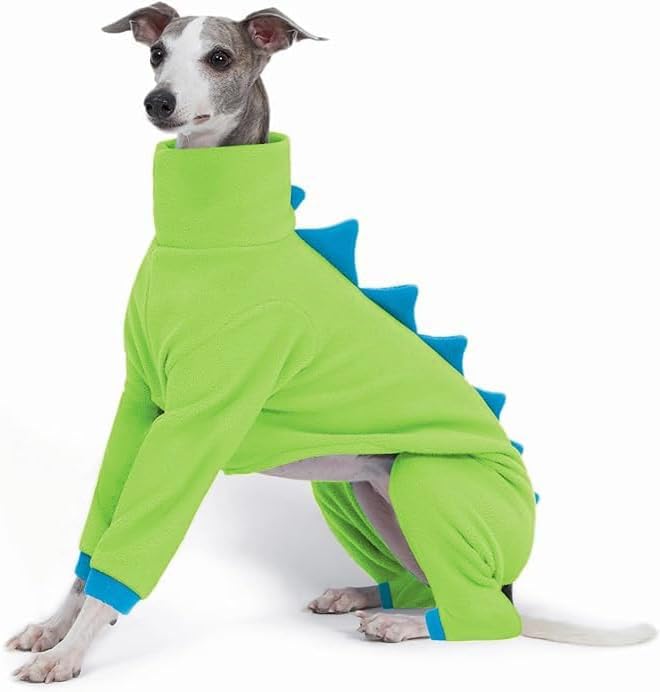 ESCCBOO Italian Greyhound & Whippet Dog Fleece Dinosaur Onesie, Cozy Turtleneck Costume Outfit (Green, Large)