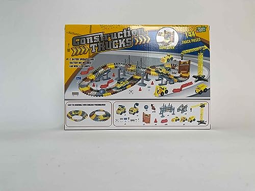 Construction Race Tracks Set, Flexible Train Tracks w/ 2 Electric Construction Race Vehicles w/Lights, STEM Engineering Race Track Toys with Dump Truck, Crane Assort Acessories for Boys Girls
