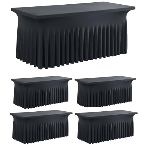 leegleri 4 Pack Black Spandex Fitted Table Clothes for 5 Foot Rectangle Tables, Wrinkle Free 5ft Spandex Table Cover with Skirt-for Banquet Weddings Parties
