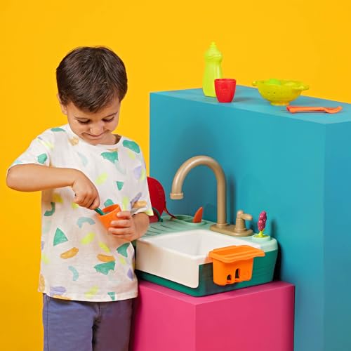 B. toys – Sink Play Set – Toy Kitchen Sink – Faucet & Running Water, Dishes, Play Food – Pretend Play Set for Kids – 3+ Years– Splash – n – Scrub Sink