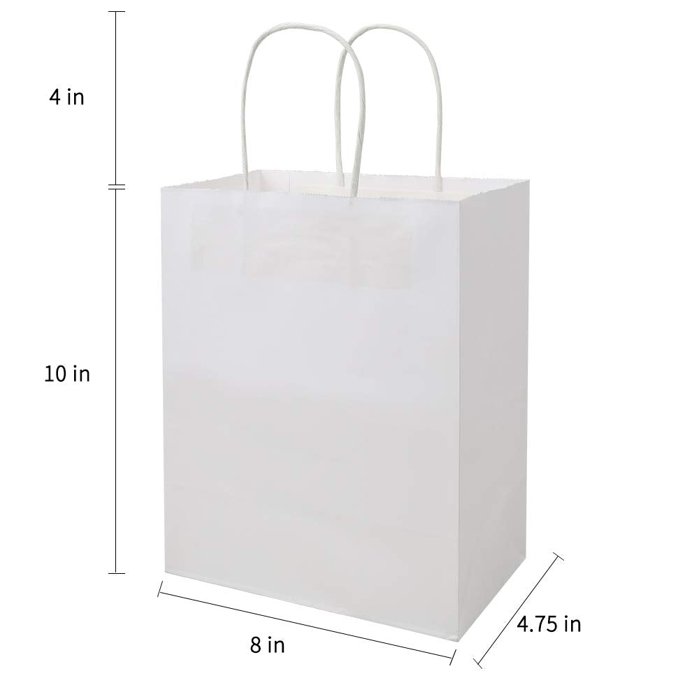 bagmad 100Pcs Pack 8x4.75x10 inch Medium White Kraft Paper Bags with Handles Bulk, Gift Bags, Craft Grocery Shopping Retail Birthday Party Favors Wedding Sacks Restaurant Takeout, Business (100)