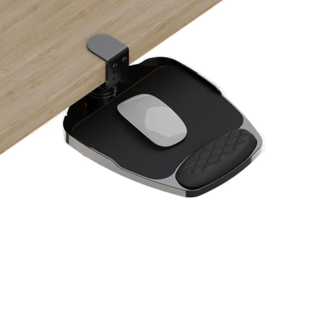 SKYZONAL Clamp-on Mouse Tray Under Desk Adjustable Clamp Rotating Wrist Mouse Extended Holder for Desks Computer Platform Tray Padding Arm Rest Pad Black