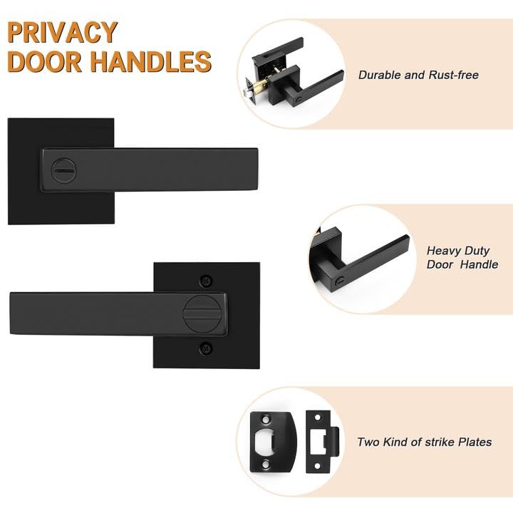 Probrico 2 Pack| Square Privacy Door Levers Matte Black Bed Bath Door Handles, Keyless Interior Door Lockset Heavy Duty Leversets for Left or Right Handed Doors