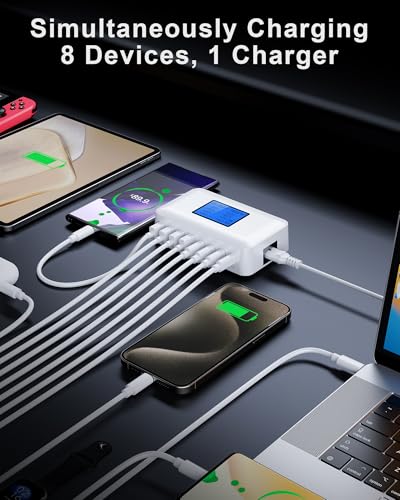 200W USB Charging Station, Sanicata 8 Port USB Charger Hub GaN Desktop Fast Charger for Multiple Devices, LCD Display Multi USB C Block for MacBook iPhone 16 15 14 13 Pixel Samsung Galaxy iPad