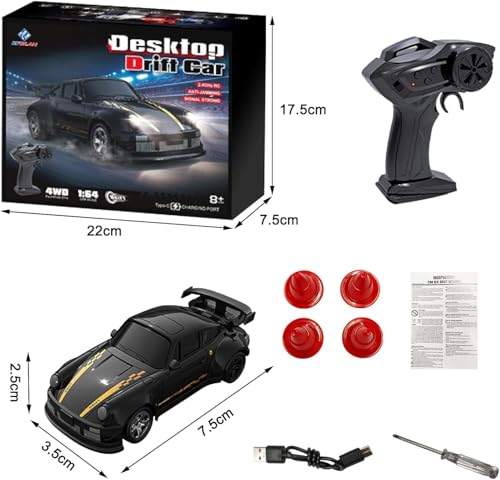 4WD RC Drift Car,1:64 Mini Desktop Remote Control Car for Boys,2.4G Racing Cars LED Lights,Remote Control Racing Cars Toy Gift for Adults Toy Gift 14+ Years(Black)