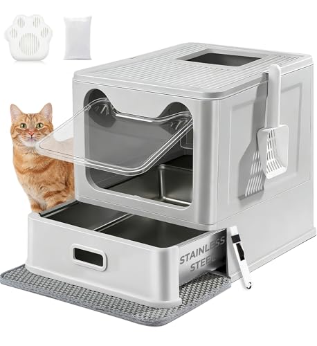 LEEJARD Cat Litter Tray, Stainless Steel Cat Litter Tray with Lid and Extendable Tray, Hop in Cat Litter Tray XXL with Cat Litter Tray Mat & Shovel for Cats up to 15 kg, Easier Cleaning, Leak-Proof