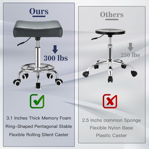 Grey Square Salon Rolling Stool - 300lbs Weight Capacity，Adjustable Swivel Stool with Wheel，Pu Leahter Comfortable Cutting Stools for Salon Tattoo Stylist Massage Perfect for Work SPA (Grey)