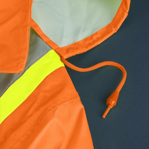 Pioneer Hi Vis Waterproof Lightweight Rainsuit - Work Safety Hooded Jacket and Bib Pants - Adjustable Pant Length - Hi Vis Orange