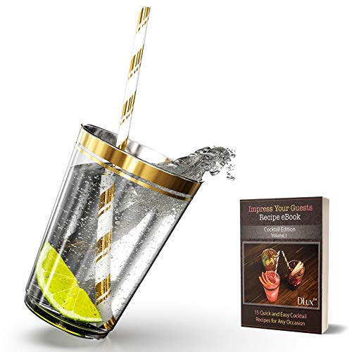 12 oz Gold Rim Plastic Cups with Eco-Friendly Paper Straws - 100 Elegant Clear Rimmed Cocktail & Dessert Tumblers for Weddings & Special Events - Reusable - with Drinks Recipe eBook
