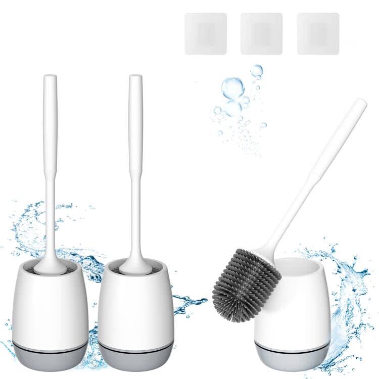 Hibbent 3 Pack Toilet Brush with Ventilated Drying Holder, Silicone Toilet Bowl Brush Bathroom Cleaning Bowl Brush Kit Sturdy Cleaning Toilet Brush, Floor Standing & Wall Mounted Without Drilling