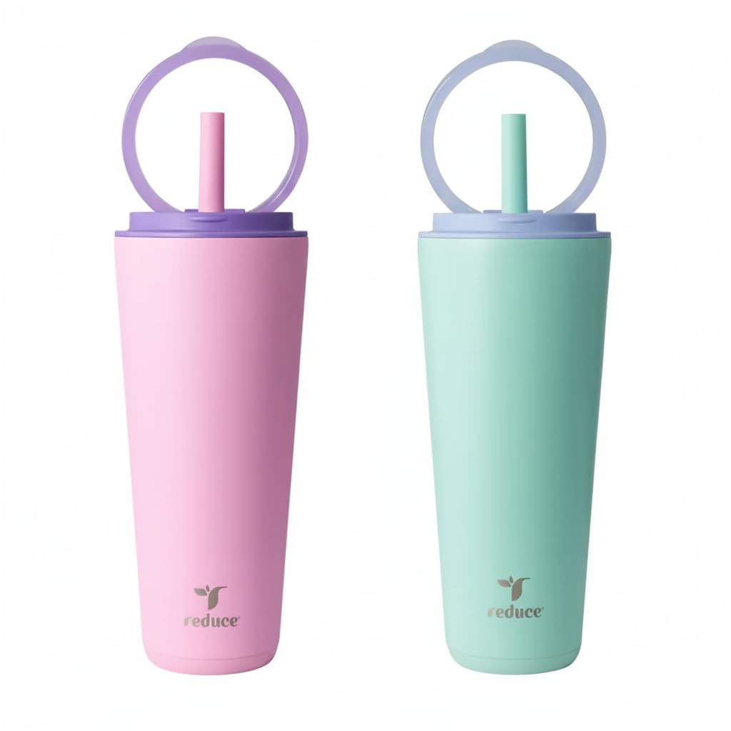 Reduce Cold Vacuum Insulated Tumbler with Straw – 32oz x 2-Pack Keep Drinks Ice-Cold for 32 Hours (Pink and Green) (Pink and Green)