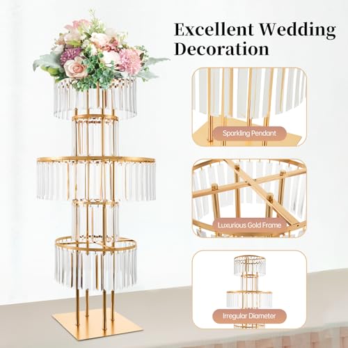43.3" Tall Gold Flower Stand for Wedding Centerpieces – 5-Tier Clear Acrylic & Metal Centerpiece Stand with Crystal Style Design, 11.8" Base, Perfect for Wedding Tables, Floor Décor & Reception Events