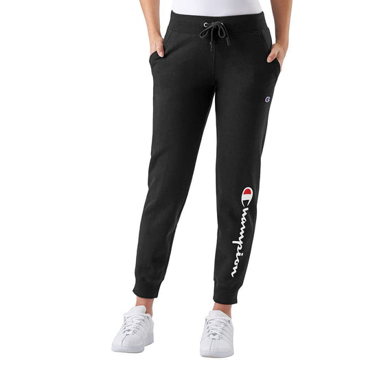 Champion Women's Fleece Joggers, Standard Fit, Midweight, Script & C Logo, Available in Regular and Plus, Black - Classic Script Logo, Large