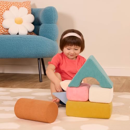 B. Toys – Sensory Foam Building Blocks for Kids – 8– Pieces Textured Stacking Toys for Babies 6– 12 Months – Soft Geometric Shapes with Tactile Fabric Cover – Foam Blocks for Toddlers