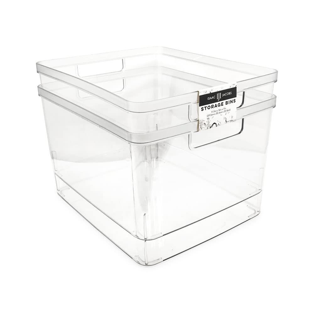 Isaac Jacobs 2-Pack Extra-Large Clear Storage Bins (11.5” L x 14” W x 9” H) w/Cutout Handles, Plastic Organizer for Home, for Kitchen, Fridge, Pantry, BPA Free, Food Safe (2-Pack, Extra-Large)