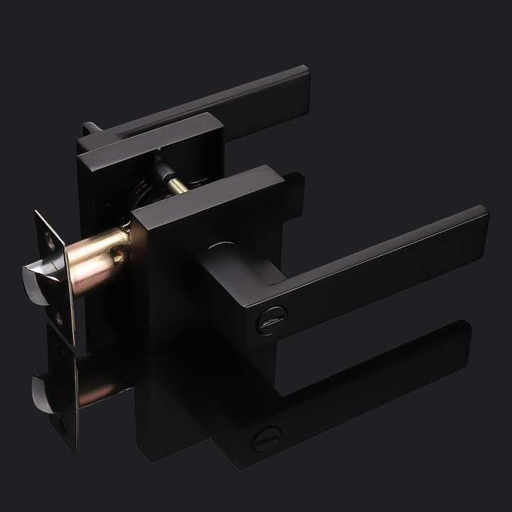 Probrico 2 Pack| Square Privacy Door Levers Matte Black Bed Bath Door Handles, Keyless Interior Door Lockset Heavy Duty Leversets for Left or Right Handed Doors