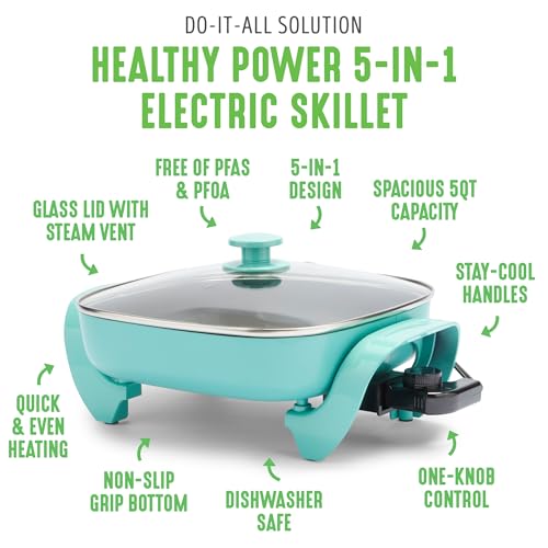 GreenLife 12" 5QT Square Electric Skillet, Glass Vented Lid, Ceramic PFAS-Free Nonstick Interior, Adjustable Temperature Control, Cool Touch Handles, Quick Even Heating, Scratch Resistant, Turquoise