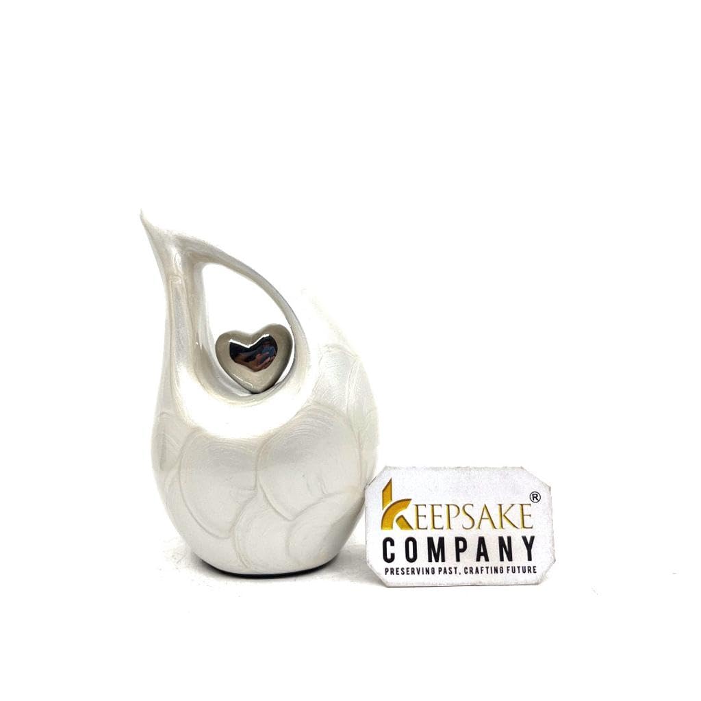 White Tear Drop Small/Mini Urn for Human Ashes With Silver Heart (3 Inch Height) - Unique Decorative Keepsake Cremation Urn for Small Pets - ERN