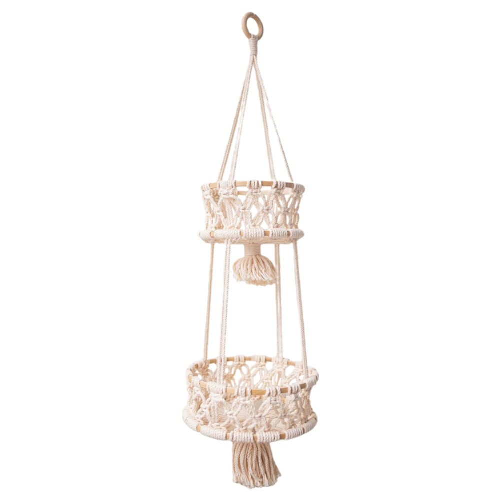Macrame Plant Hanger Macrame Hanging Fruit Basket 2 Tier Woven Cotton Rope Storage Baskets Hanging Plant Holder for Vegetable Storage, Beige Indoor Hanging