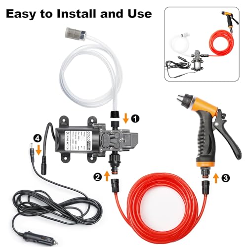 Bang4buck Portable Electric Pressure Washer Pump 100W 160 PSI 12V High Pressure Powerful Washing Kit with 22 Inch PVC Hose for Home Garden Vehicles Projects(100 W-Black hose)