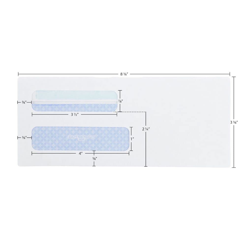 Quality Park Envelopes, No.8 Double Window, Redi-Seal, Security Tinted, Check Size 3-5/8" x 8-5/8", 24 lb. White Wove, Box of 500 (24539)