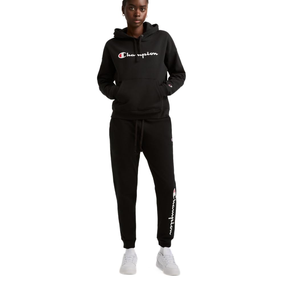 Champion, Powerblend, Fleece, Comfortable Hoodie Sweatshirt for Women (Plus, Black Script, Large