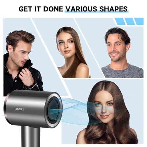AEMOLL Hair Dryer, 150000RPM Professional High-Speed Negative Ionic Care Blow Dryer, Heat-Control, Fast Drying, Low Noise with Magnetic Diffuser and Nozzle, 4 Temps & 3 Speeds, HD Display Gray