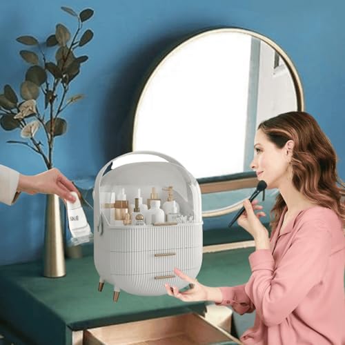 Makeup Organizer Box with Transparent dustproof Cover，Portable 3 Tier Skincare Cosmetics Organizers with Drawers Display for Bathroom, Countertop, Vanity