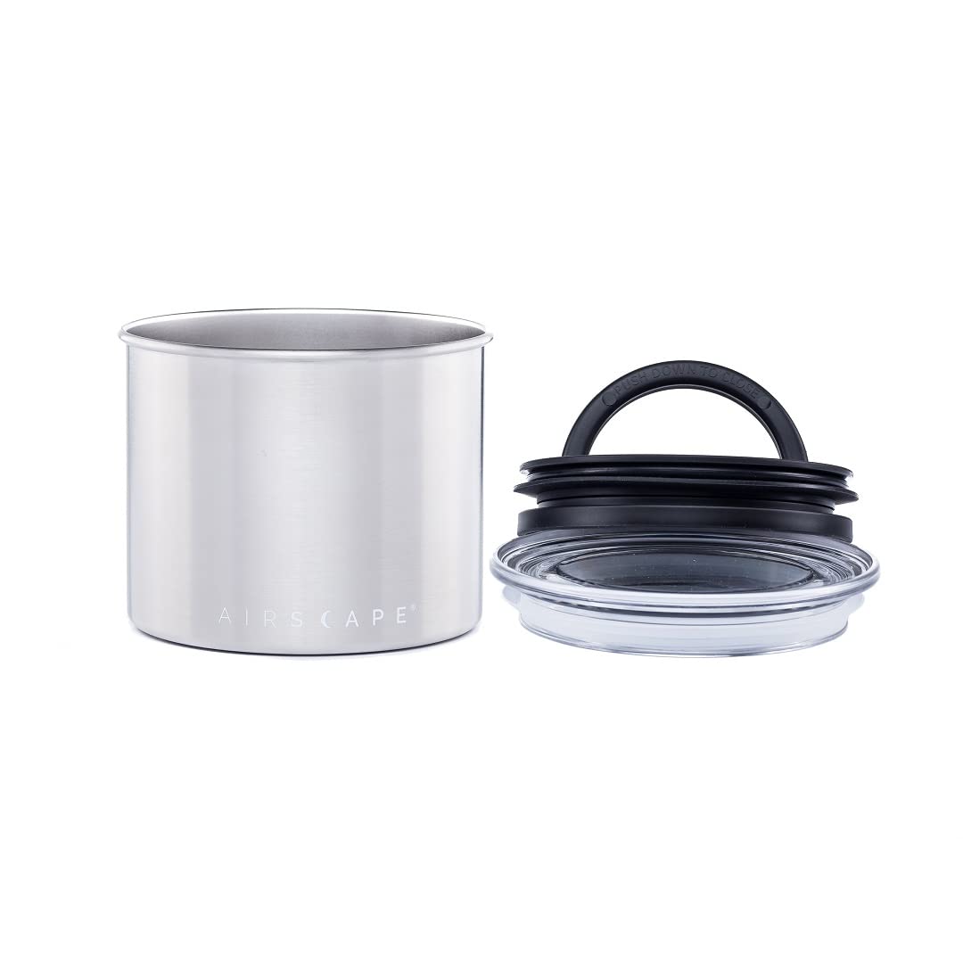 Airscape Stainless Steel Coffee Canister | Food Storage Container | Patented Airtight Lid | Push Out Excess Air Preserve Food Freshness (Small, Brushed Steel)