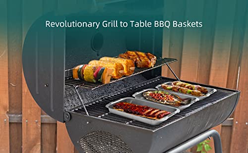 VIKEYHOME Grill Basket Set, 6-Piece Stainless Steel Large Grill Pans, 16.5" x 11" Pan, Outdoor Grill with Cooling Rack for Vegetables, Fish, Meat, Great Grilling Gifts for Men