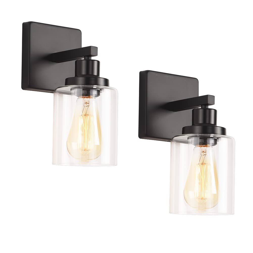 Matte Black Vanity Lights for Bathroom, Wall Sconces Set of Two, Modern Wall Light Fixtures, Metal Sconces Wall Lighting with Clear Glass Shade, Farmhouse Wall Lamp