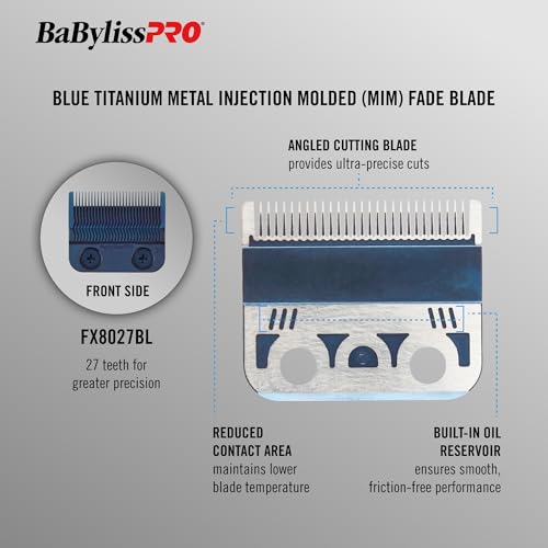 BaBylissPRO Barberology Blue Titanium Precision Replacement Fade Blade MIM Process, 27 Tooth Metal Injection Molded Fade Clipper Blade