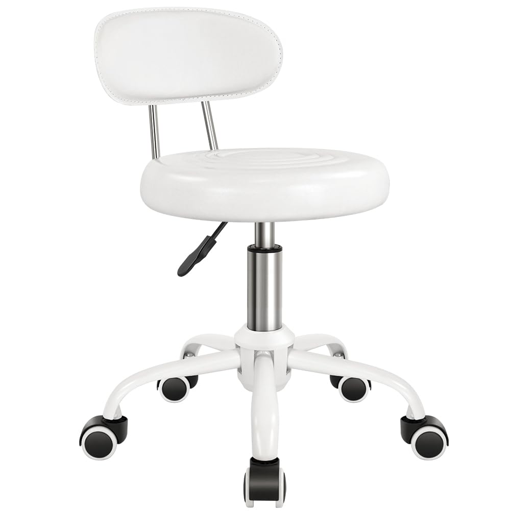 WKWKER Rolling Stool with Wheels Swivel Stool with Back Height Adjustable Chair Ideal for SPA Salon Home Office Drafting Work (White)