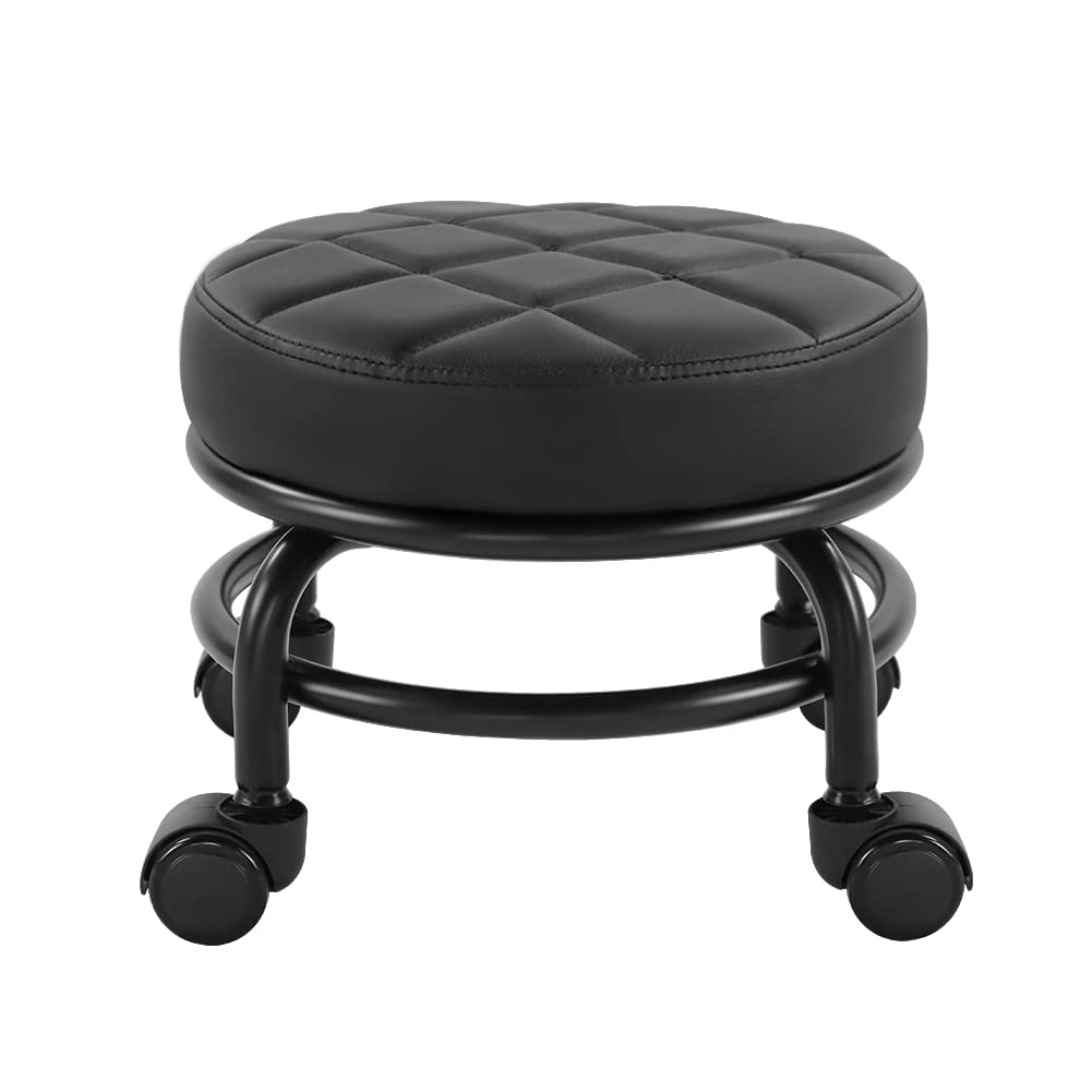 FURWOO Low Roller Seat PU Leather Rolling Stool Step Mechanic Stool on Wheels for Home Office Garage Shop Black