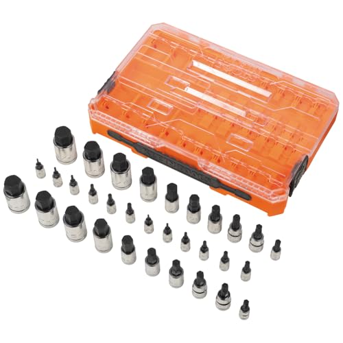 Klein Tools 65233HEX Hex Bit Socket Set, 1/4, 3/8, 1/2-Inch Drives, Knurled, SAE (5/64 to 3/4 inch) and Metric (2 to 19mm) with MODbox Case, 32-Piece