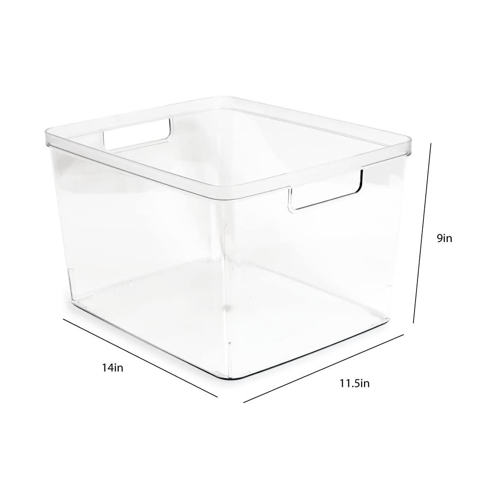 Isaac Jacobs 2-Pack Extra-Large Clear Storage Bins (11.5” L x 14” W x 9” H) w/Cutout Handles, Plastic Organizer for Home, for Kitchen, Fridge, Pantry, BPA Free, Food Safe (2-Pack, Extra-Large)