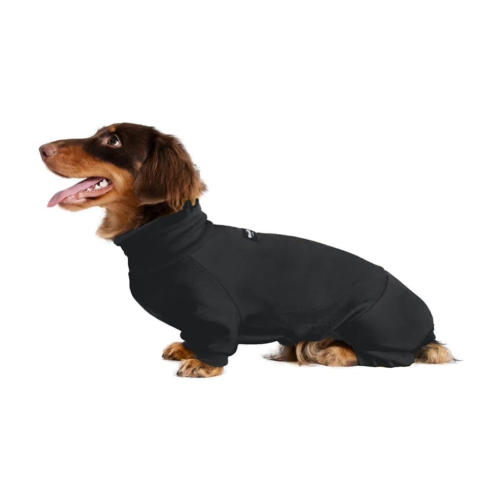 WienieDay Dachshund Dog Turtleneck Sweater, Adjustable Polo Collar with Zipper, Four-Legged Warm Double Fleece, Stretchy Clothes for Mini Dachshunds (Black, X-Small)