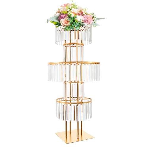 43.3" Tall Gold Flower Stand for Wedding Centerpieces – 5-Tier Clear Acrylic & Metal Centerpiece Stand with Crystal Style Design, 11.8" Base, Perfect for Wedding Tables, Floor Décor & Reception Events