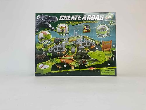 174 PCS Dinosaur Toys Race Track, Flexible Train Tracks with 8 Dinosaurs Figures, 2 Electric Race Cars Vehicle Playset with Lights to Create A Dinosaur World Road Race for Toddlers Kids Boys Girls